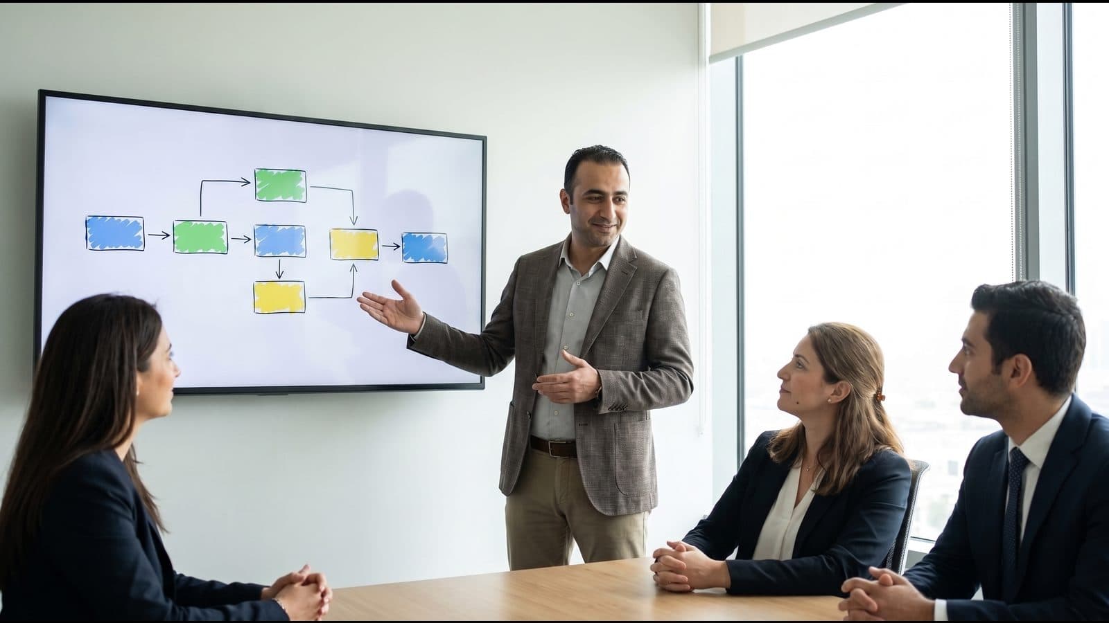 A business analyst walking stakeholders through a process flow on a large screen in a meeting room.
