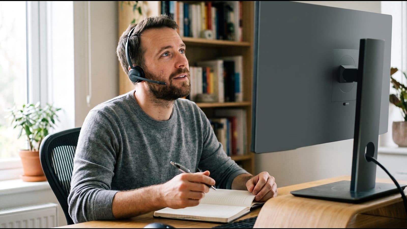 A professional at a home desk wearing a headset, taking notes during a live online class.