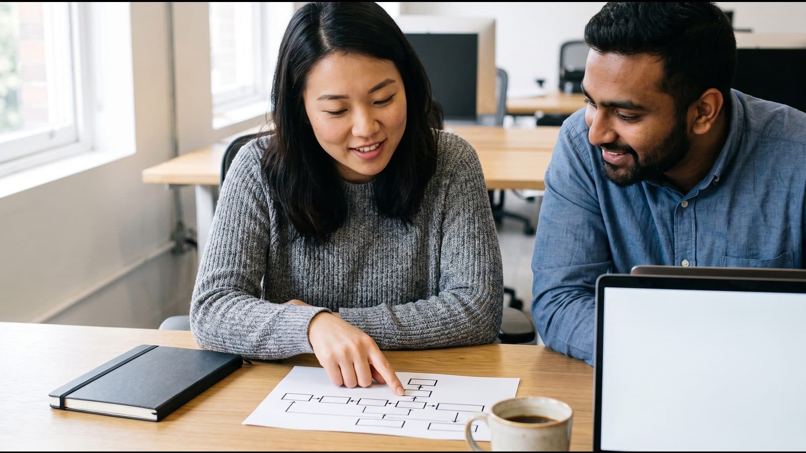 Two professionals reviewing requirements together at a desk, one pointing at a printed diagram.