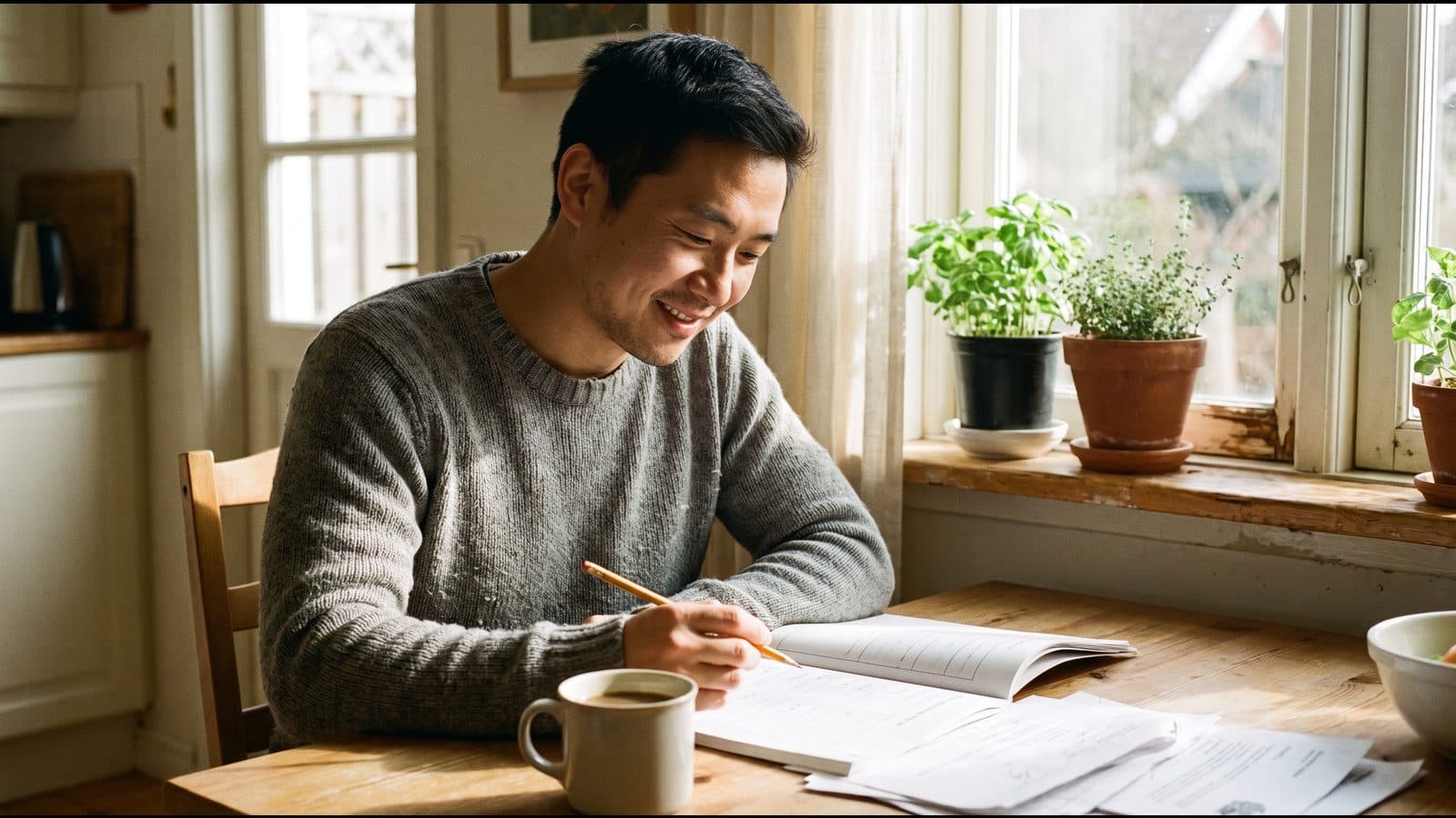 A professional studying at a kitchen table on a weekend morning, coffee and a PMP workbook in front of him.
