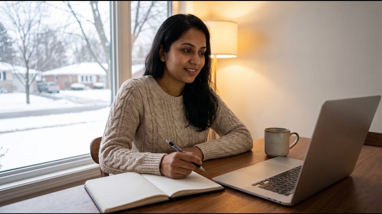 A professional at a home desk on a live online class, a snowy Canadian street visible through the window behind the laptop.