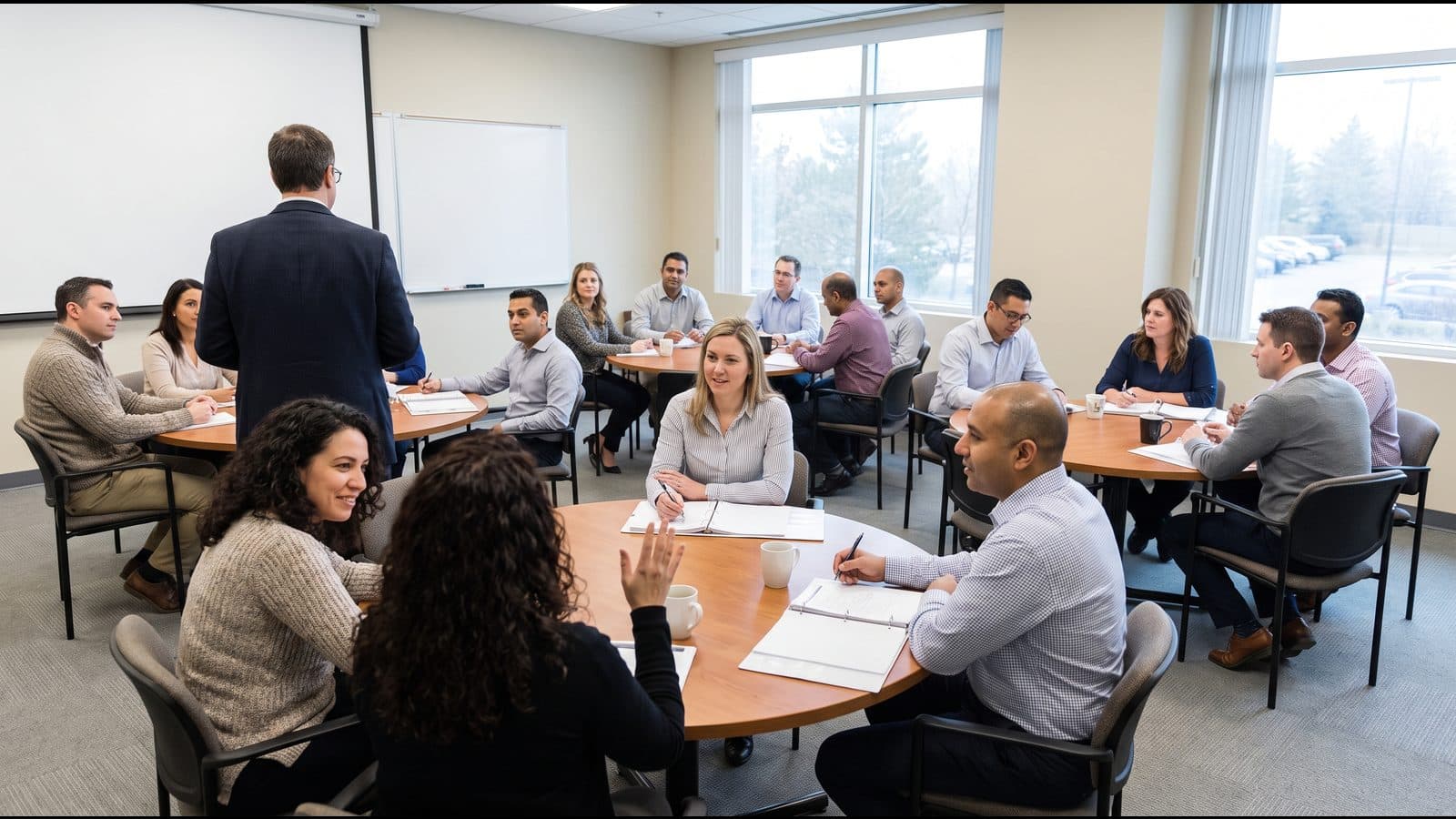 An in-person Saturday PMP class: a dozen adults at tables with open workbooks, listening to the instructor at the front of a bright training room.