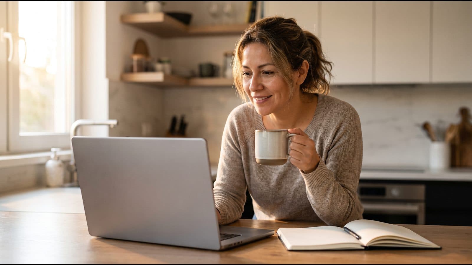 A professional at a kitchen counter early in the morning, joining a live online class on a laptop with a coffee and a notebook beside her.