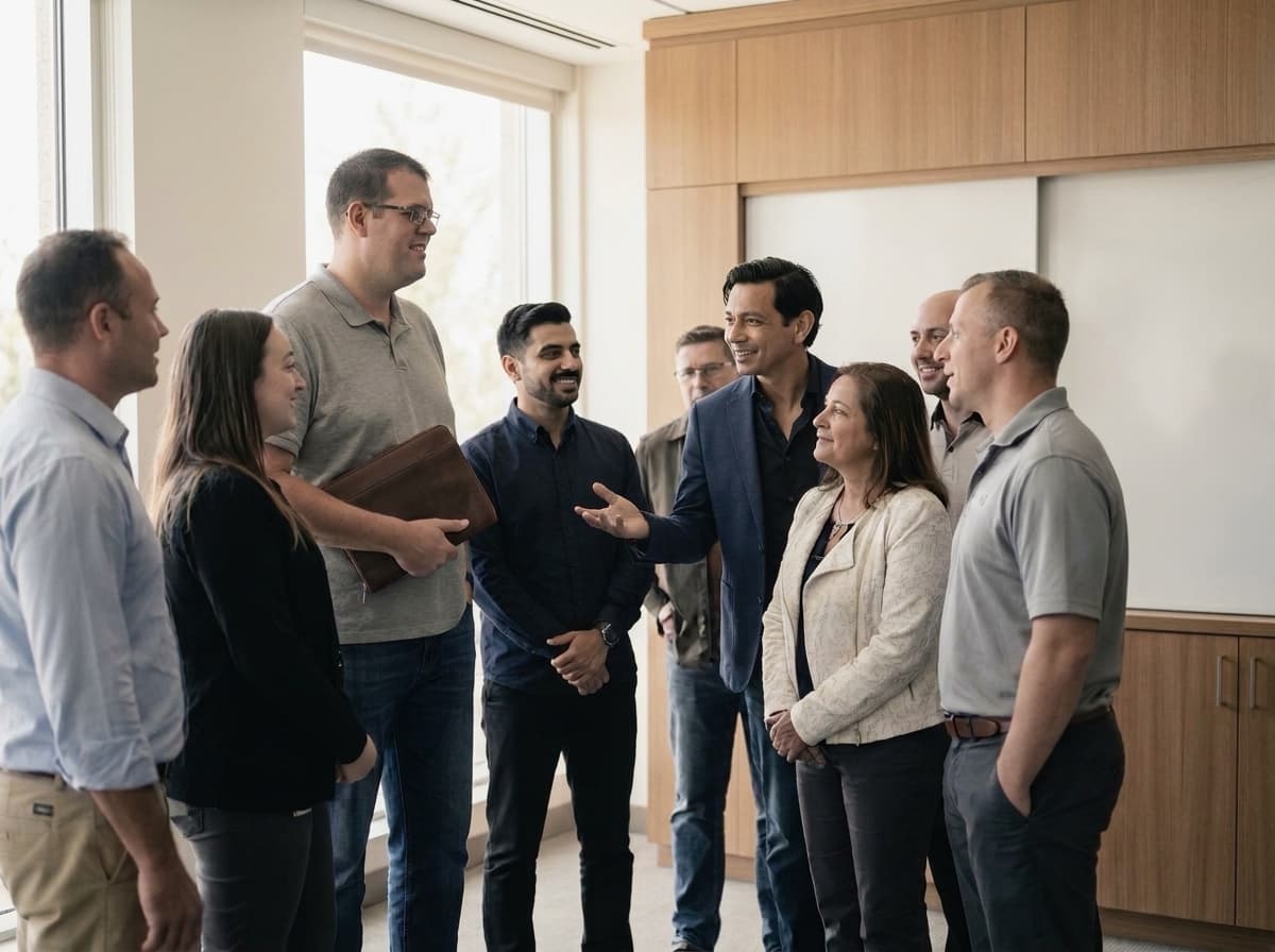 A small group of colleagues standing in an office, talking together.