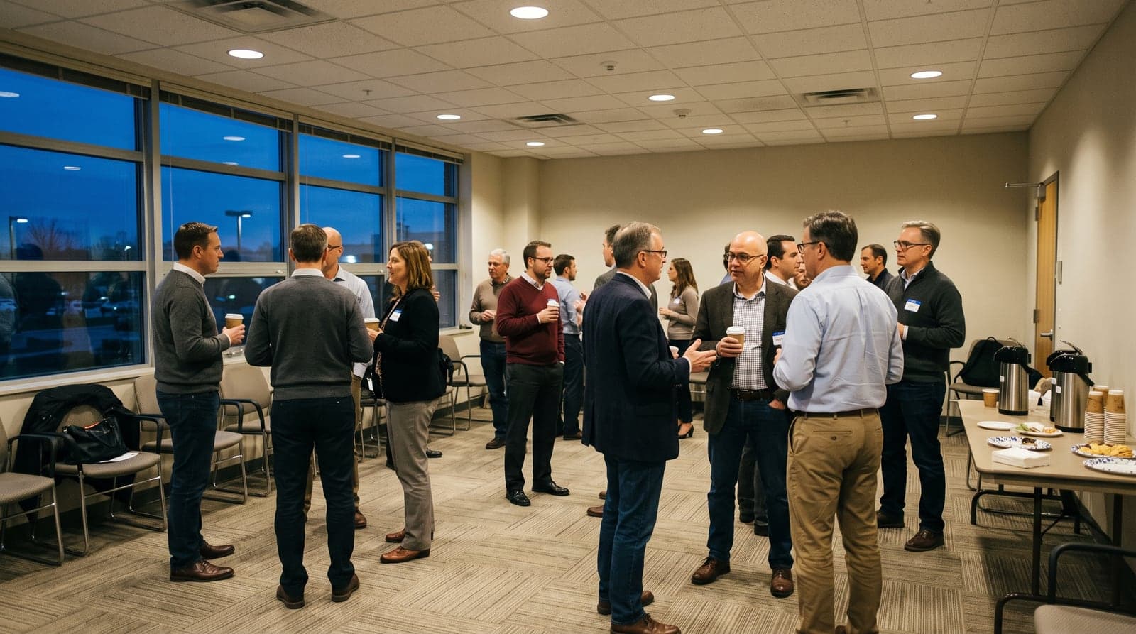 About fifteen people standing in small groups at an evening professional meetup in a plain meeting room, coffee cups in hand, chairs pushed back to the walls, dusk outside the windows.