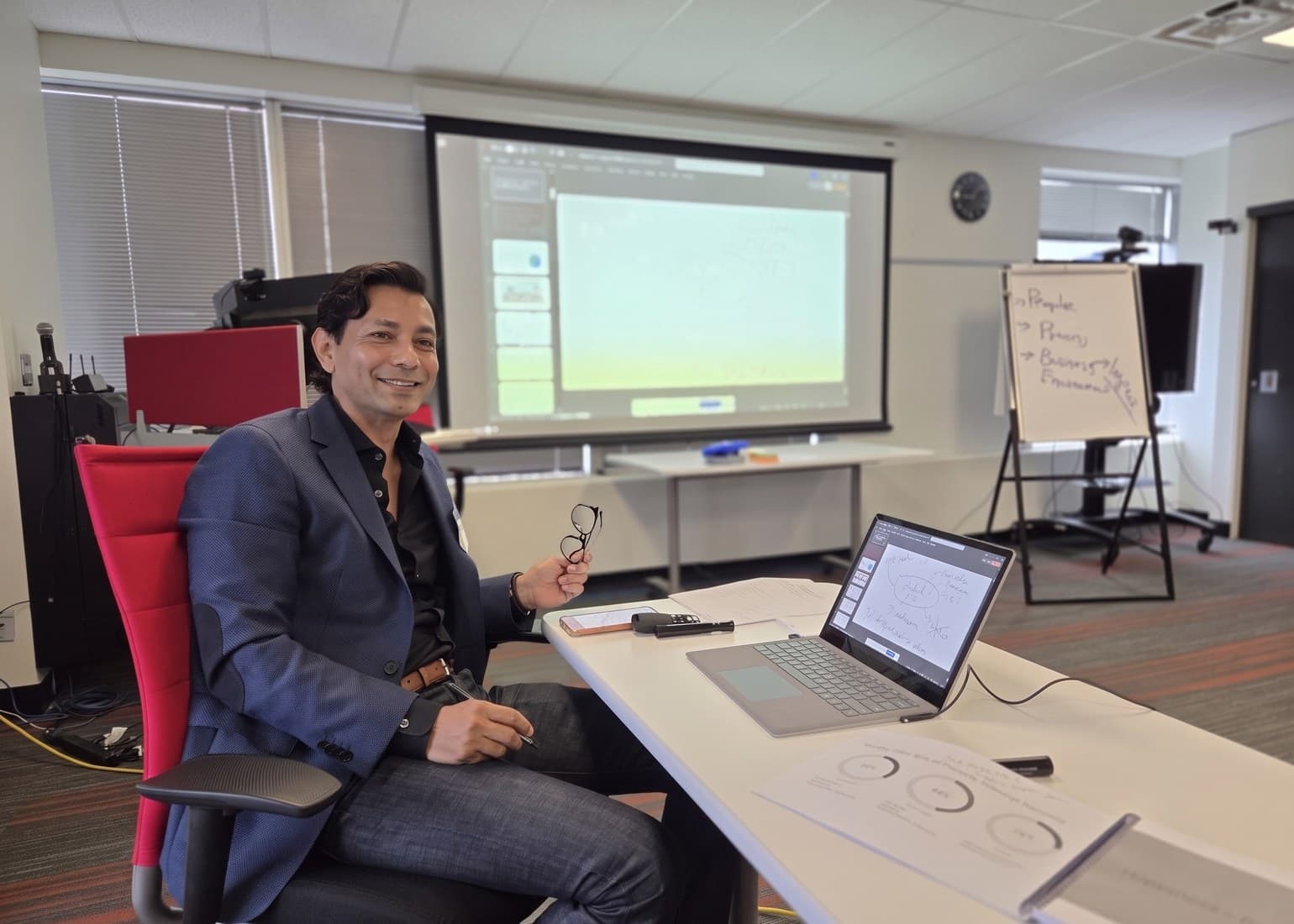 Hemant Dhariyal seated at a training table, glasses in one hand and a pen in the other, an open laptop and a projector screen beside him and a flipchart behind listing People, Process and Business Environment.