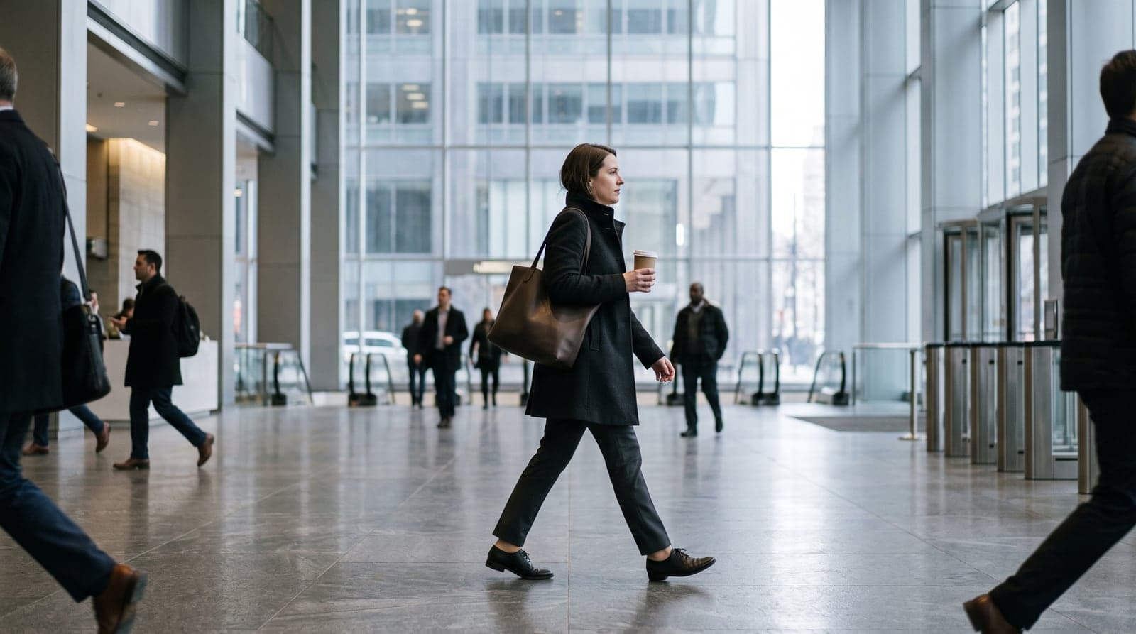 A woman in business clothes crossing the glass lobby of a downtown office tower in the morning, a coffee in one hand and a bag over her shoulder, other people walking through behind her.