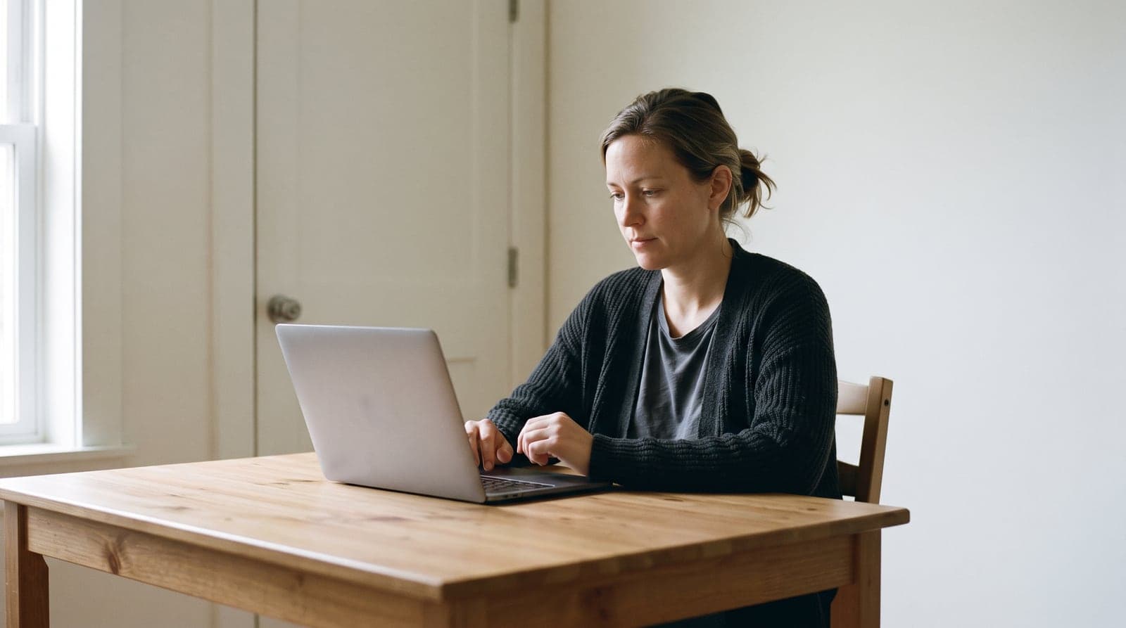 A woman sitting alone at a bare wooden table in a plain room, working at a laptop, with nothing else on the table and a closed door behind her.
