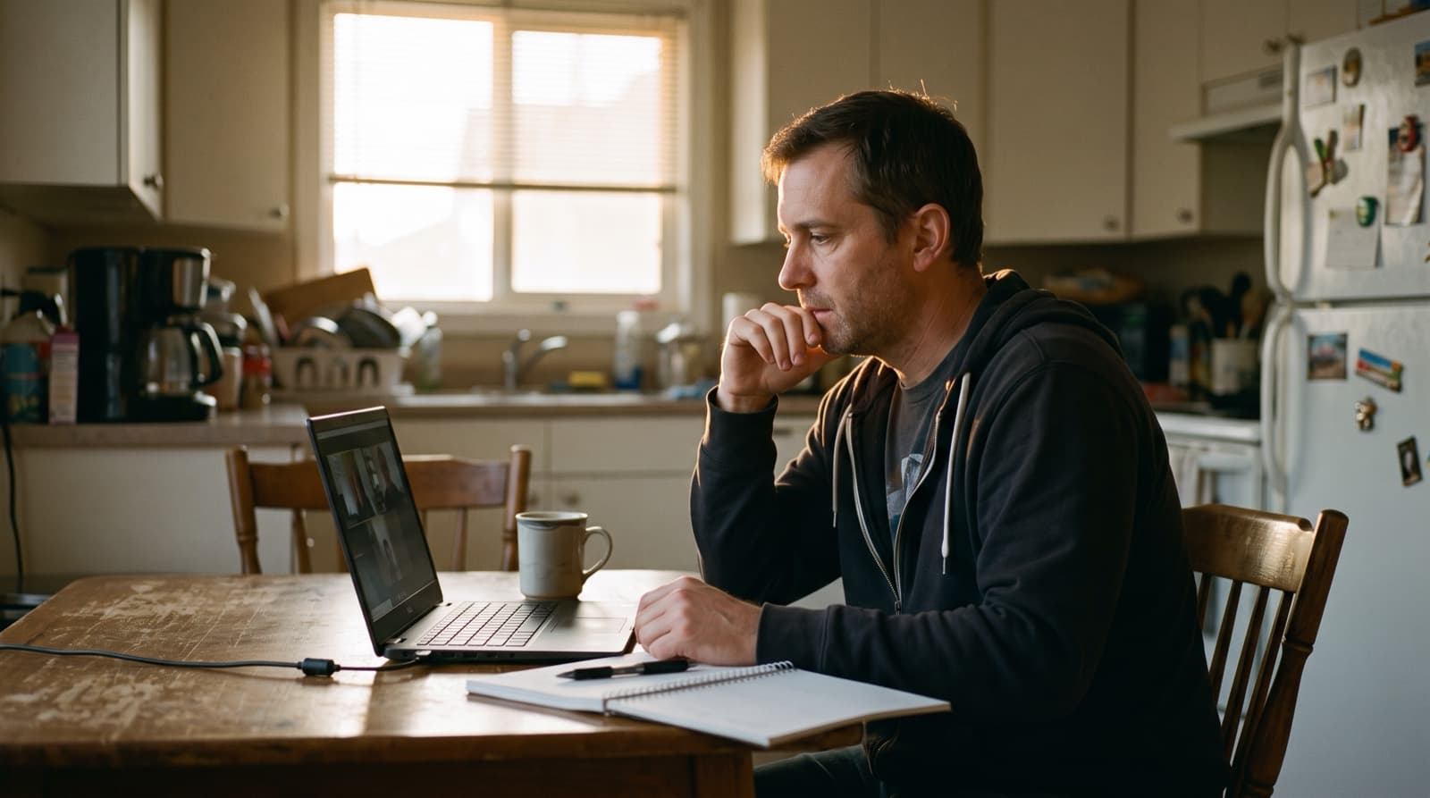 A man at a kitchen table on a weekend morning, studying at a laptop with a notebook and coffee beside him.