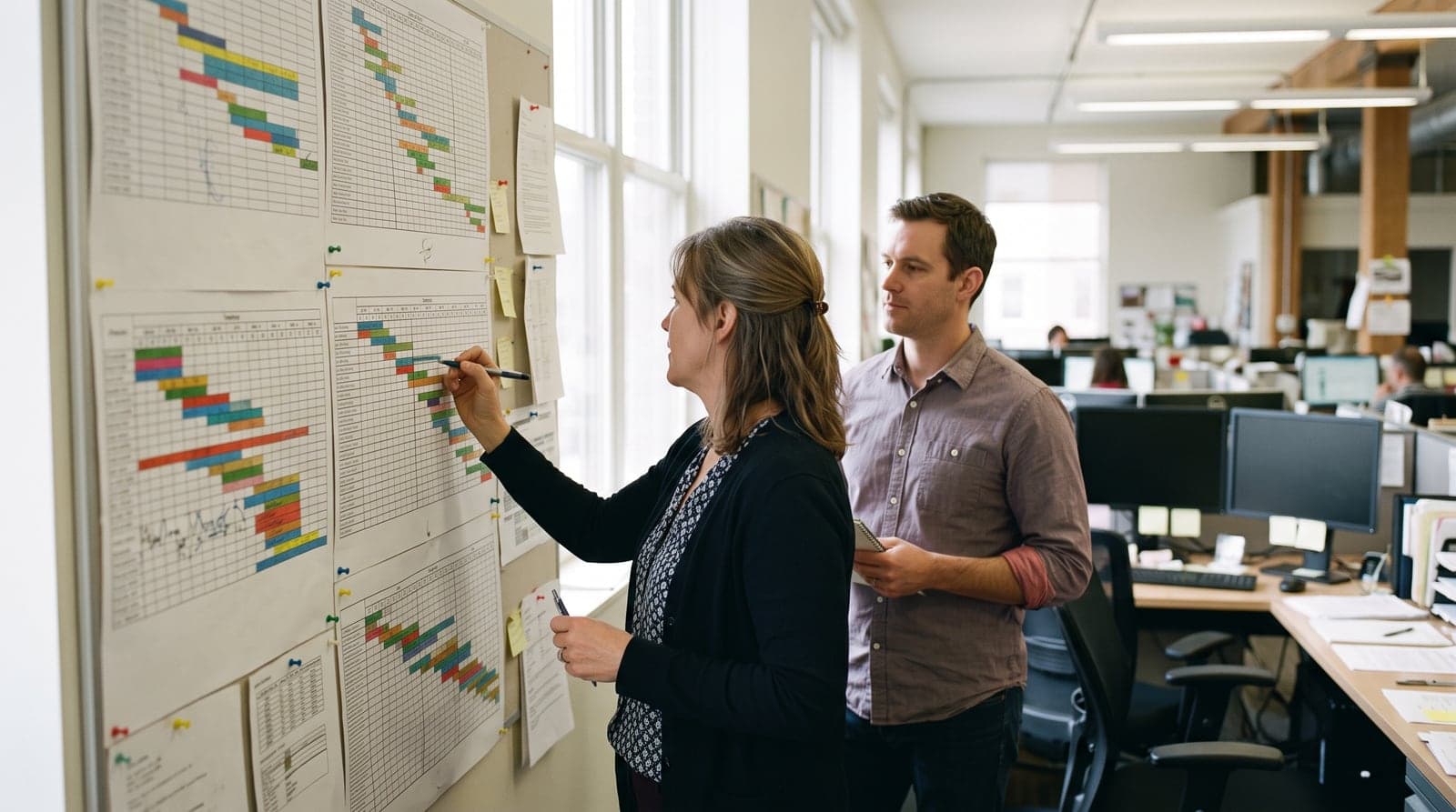 Two colleagues at a wall of printed schedule charts in an open-plan office, one marking a date with a pen while the other looks on, desks and monitors behind them.