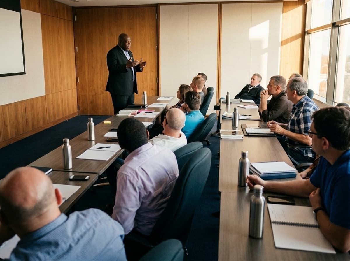 An instructor speaking at the front of a training room while participants follow along at long tables.